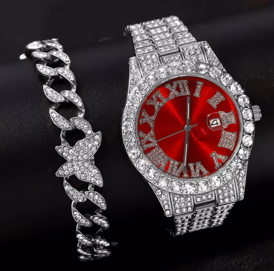 Silver Iced Out Wrist Watch And Butterfly Cuban Link