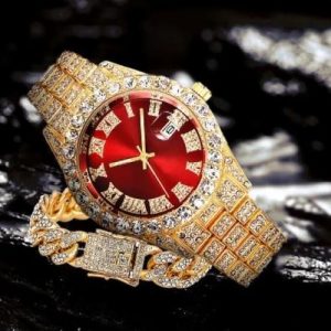 Iced out Gold Rolex PINTIME Quartz Watch and Cuban Bracelet Bling Set