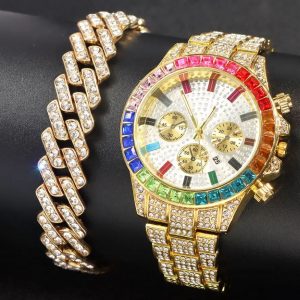 Iced Out Gold Wristwatch with Rainbow Design