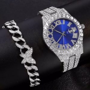 Pintime Quartz keep moving  Iced out Diamond Blue Silver Bling watch And Cuban Link Bracelet